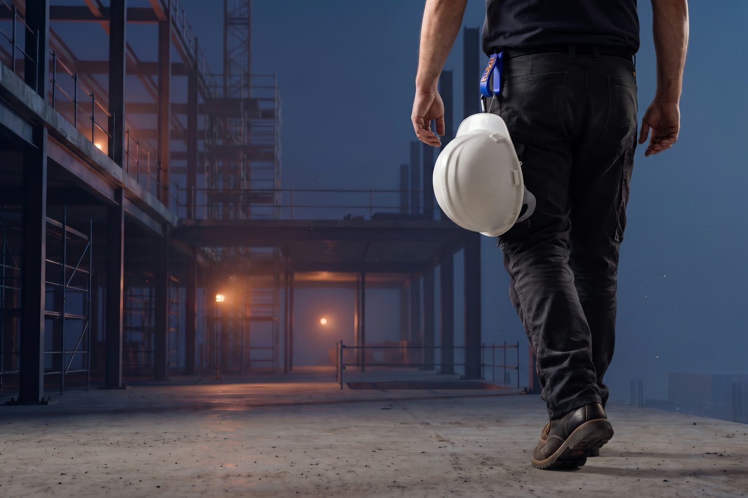 A worker walking away with a hard hat hanging from a HUKIT clip